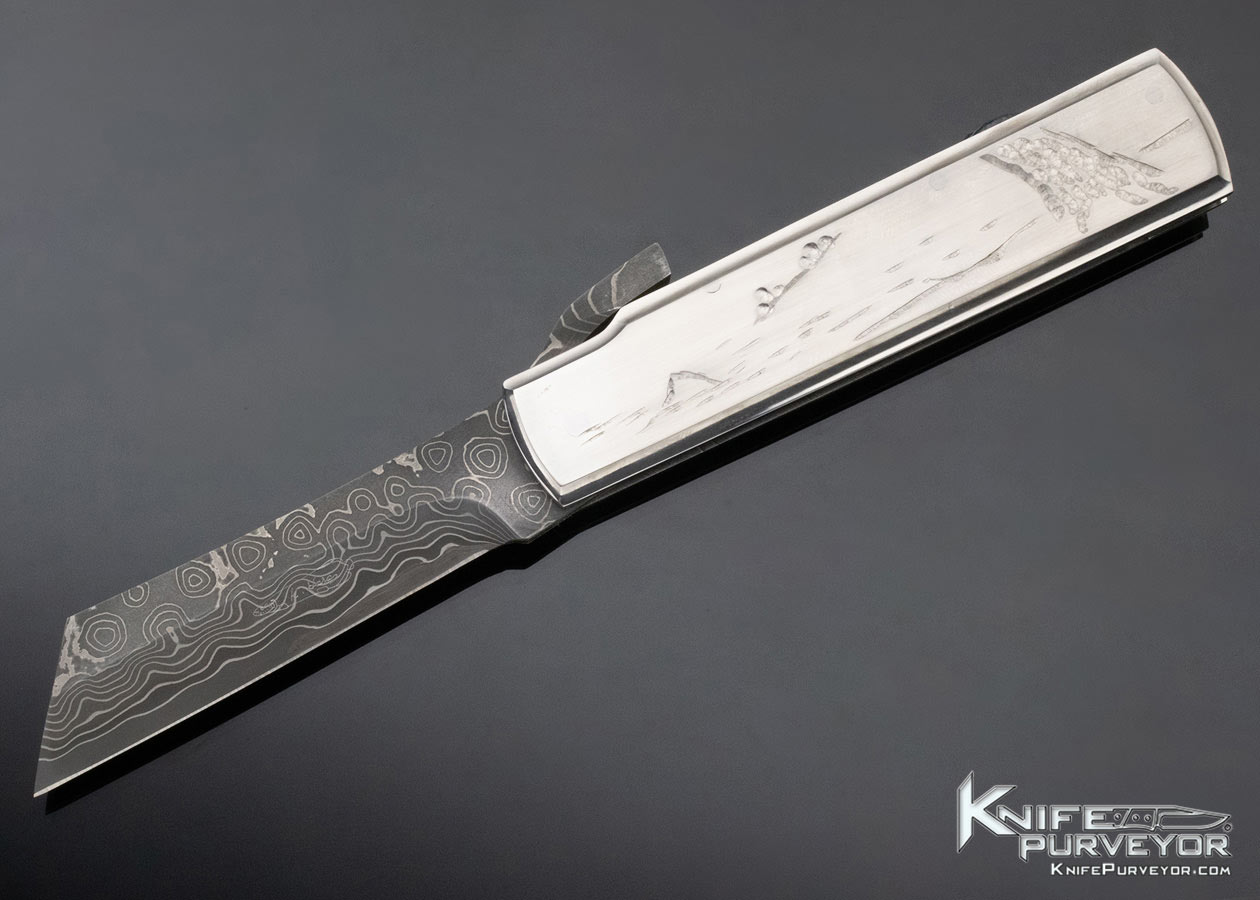 Koji Hara Custom Knife Engraved Silver and San Mai Damascus
