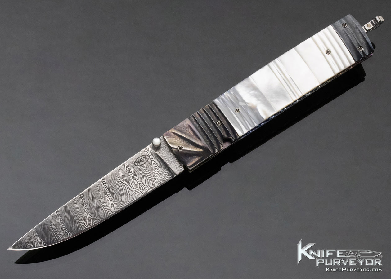 Rex Robinson Custom Knife Damascus Fluted Mother of Pearl Linerlock 12215