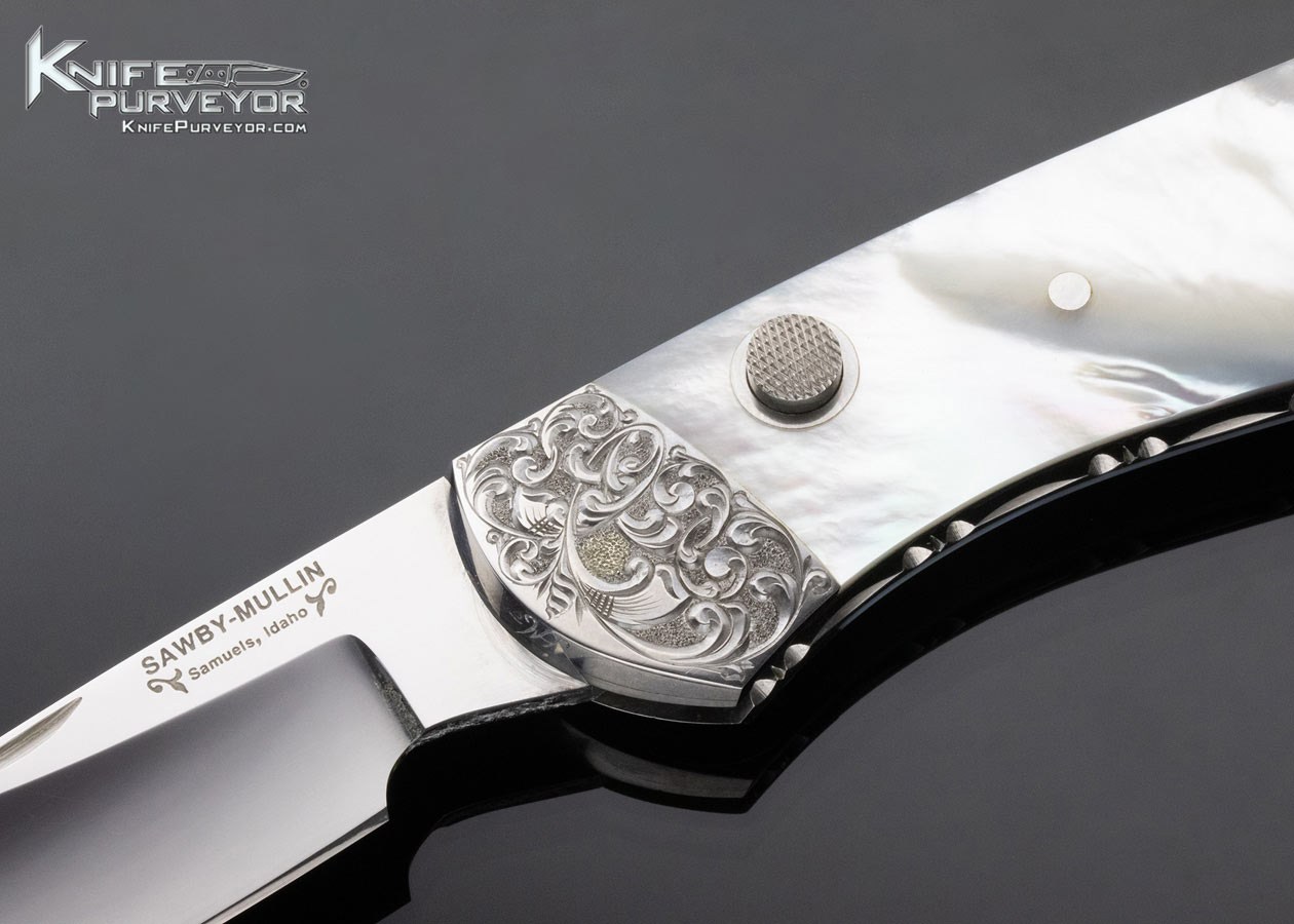 Scott Sawby Steve Mullin Custom Knife Engraved Mother of Pearl Button Lock - Image 2