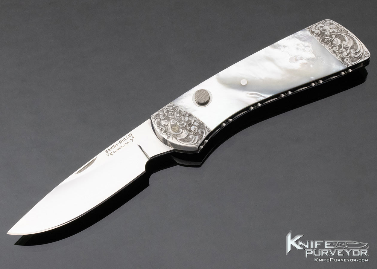 Scott Sawby Steve Mullin Custom Knife Engraved Mother of Pearl Button Lock 12216