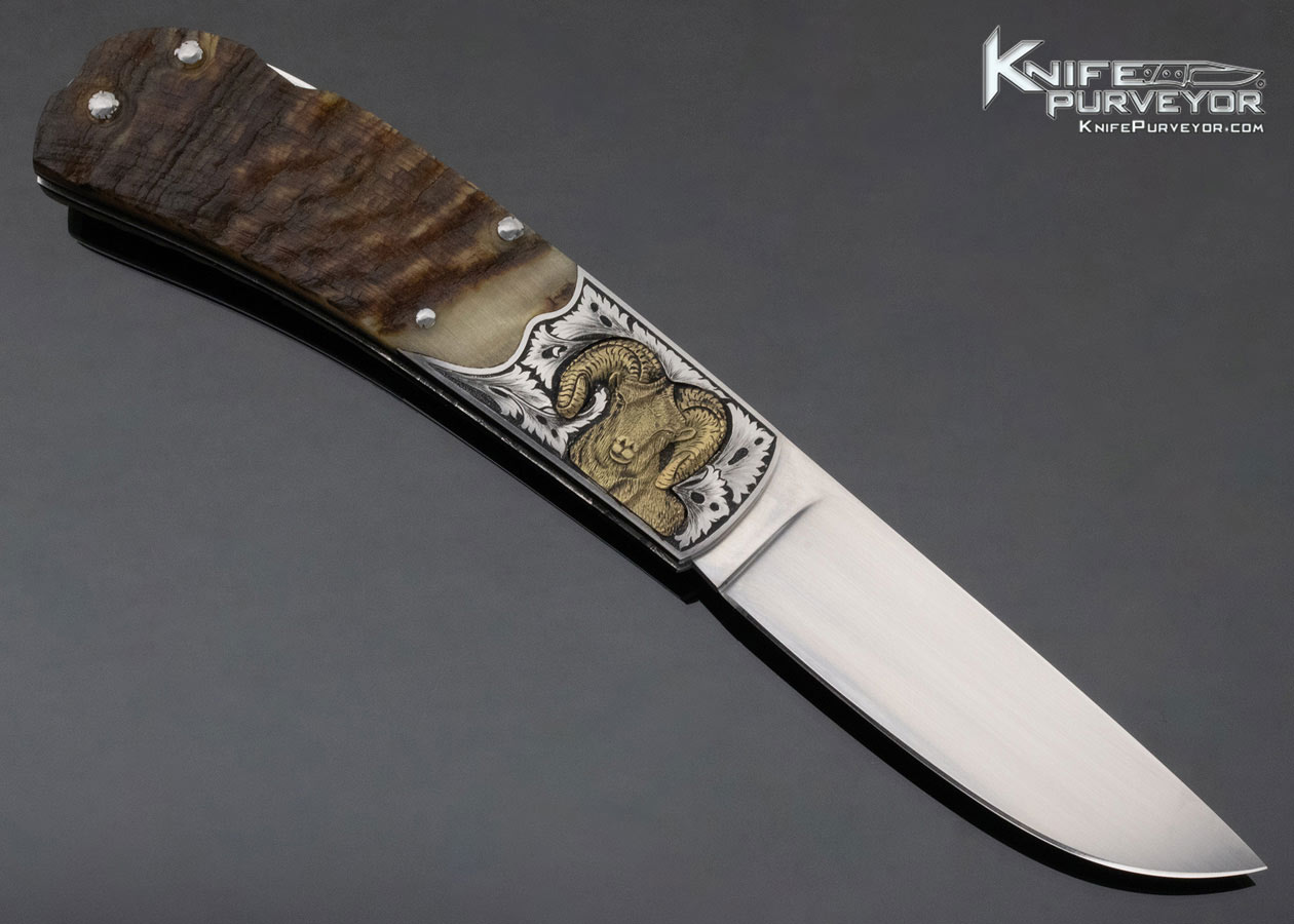 Eldon Peterson Custom Knife Rams Horn Lockback Engraved by Tony Lageose - Image 3