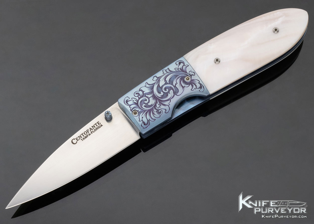 Frank Centofante Custom Knife Engraved by Luis Sanchez Pink Pearl Linerlock 12016