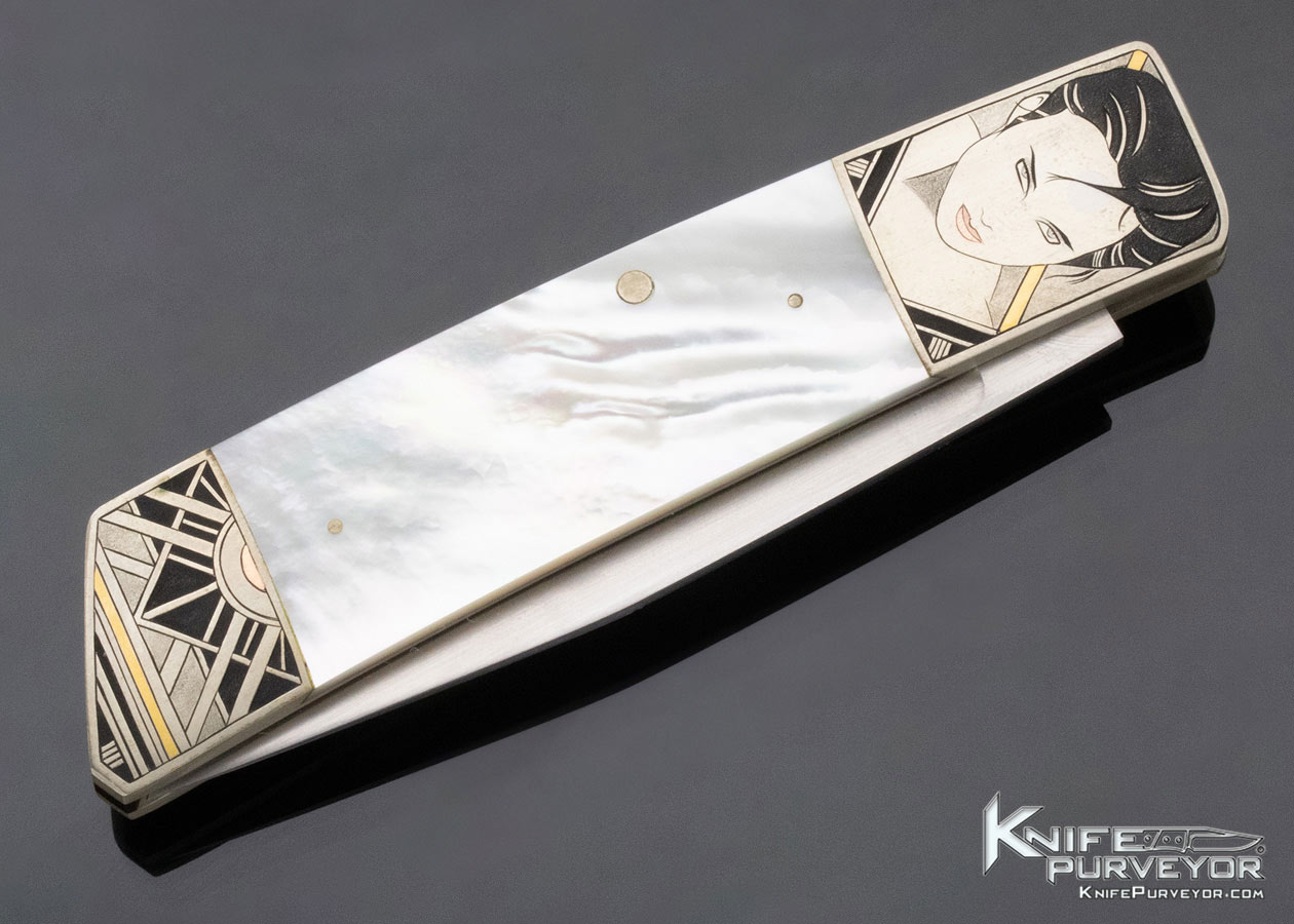 Frank Centofante Custom Knife Mother of Pearl Shell Rear Lock Engraved by Tim George - Image 5