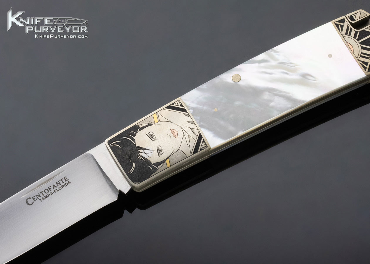 Frank Centofante Custom Knife Mother of Pearl Shell Rear Lock Engraved by Tim George - Image 2