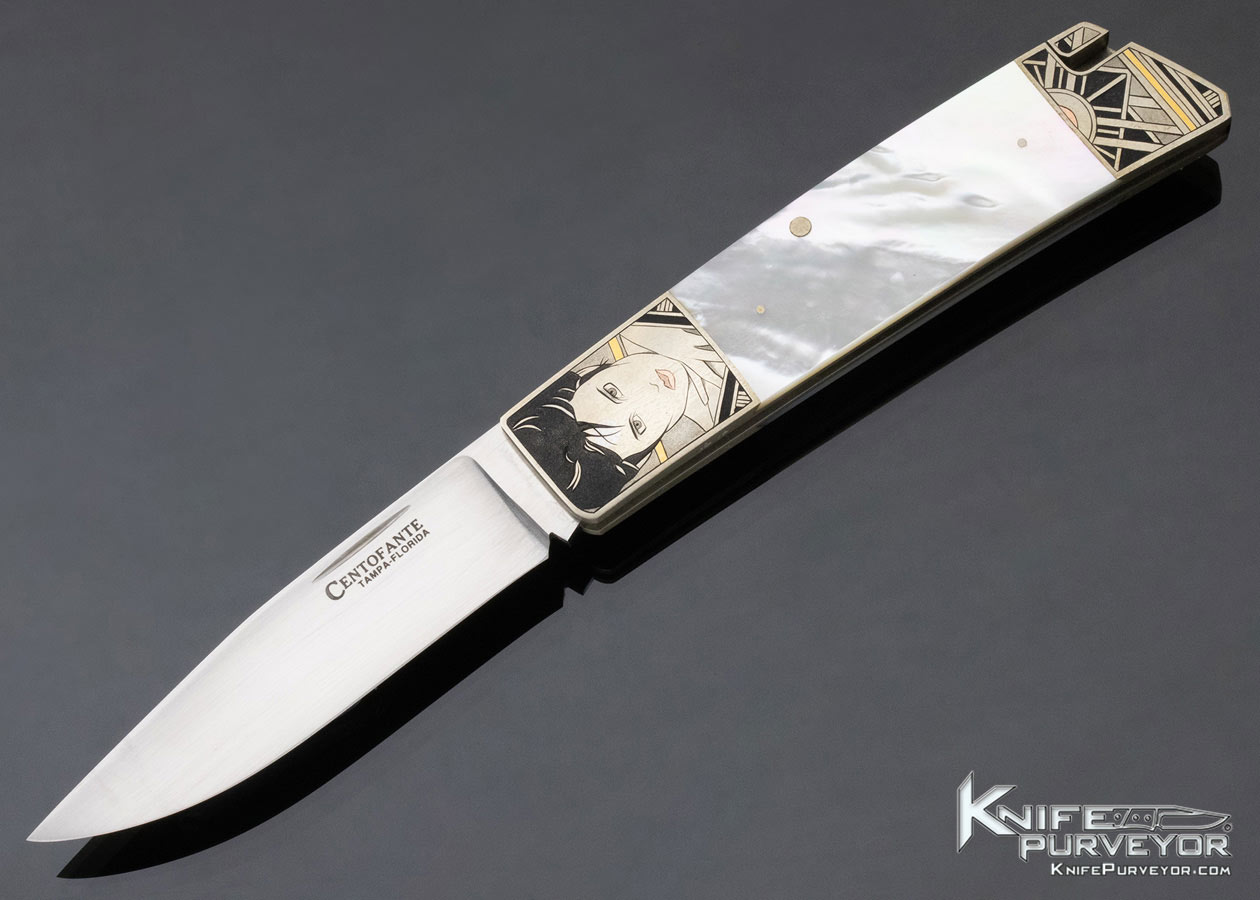 Frank Centofante Custom Knife Mother of Pearl Shell Rear Lock Engraved by Tim George 12046