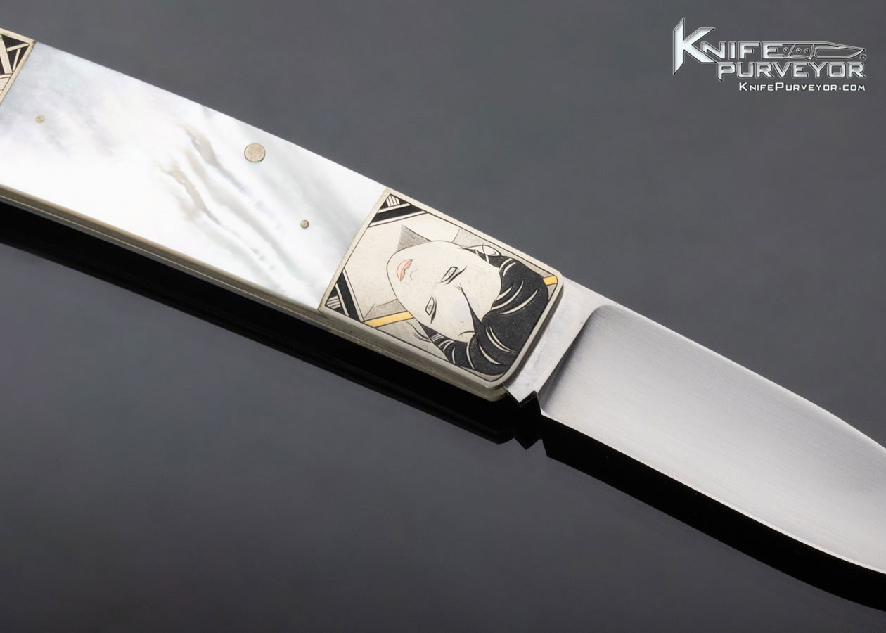 Frank Centofante Custom Knife Mother of Pearl Shell Rear Lock Engraved by Tim George - Image 4