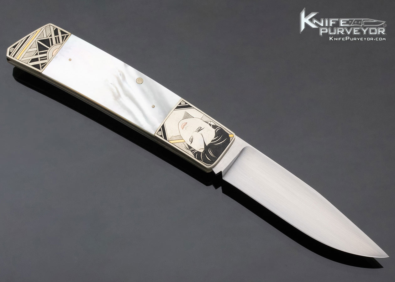 Frank Centofante Custom Knife Mother of Pearl Shell Rear Lock Engraved by Tim George - Image 3