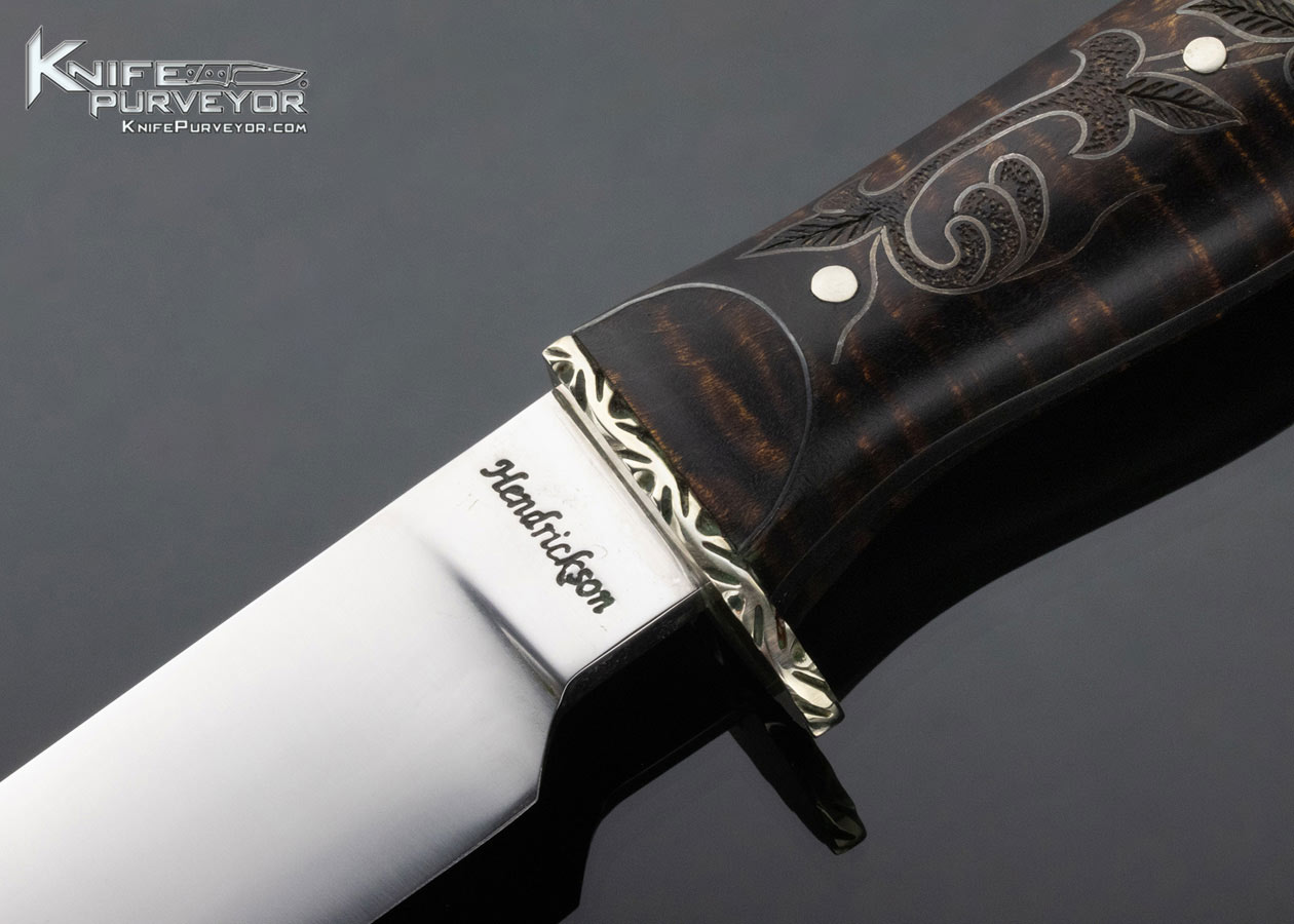 Jay Hendrickson Custom Knife Hand Forged Fixed Blade with Tiger Striped Maple with Silver Inlays - Image 2