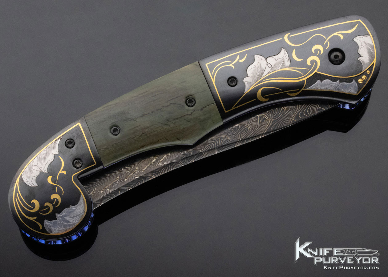 Jim Minnick Custom Knife Damascus and Mammoth Linerlock Engraved by Joyce Minnick - Image 5
