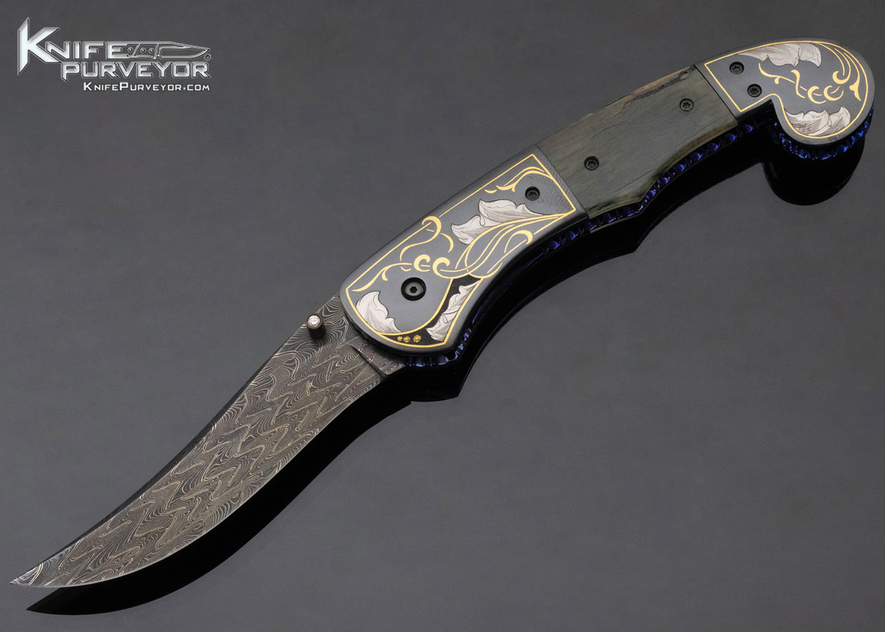 Jim Minnick Custom Knife Damascus and Mammoth Linerlock Engraved by Joyce Minnick 12300