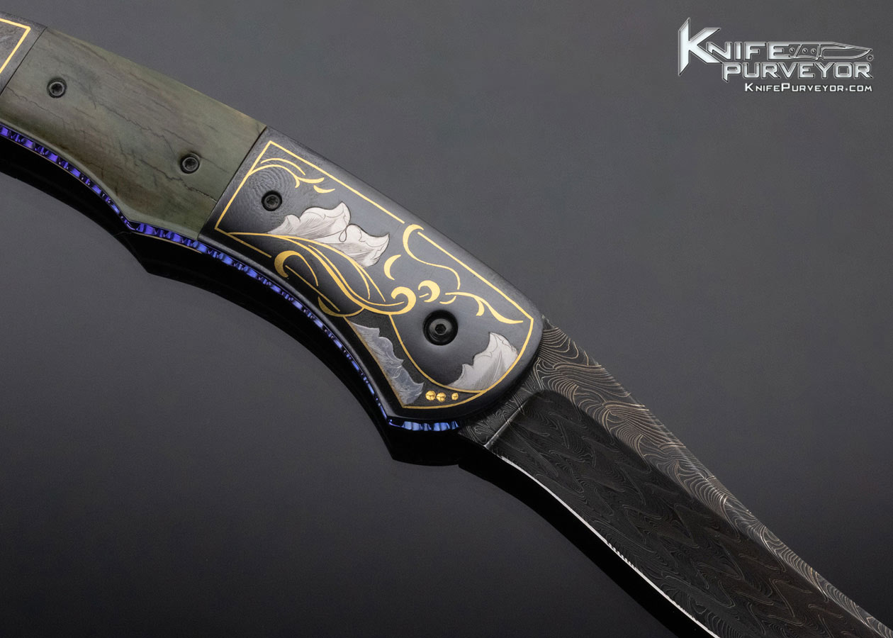 Jim Minnick Custom Knife Damascus and Mammoth Linerlock Engraved by Joyce Minnick - Image 4