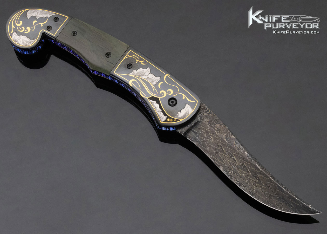 Jim Minnick Custom Knife Damascus and Mammoth Linerlock Engraved by Joyce Minnick - Image 3