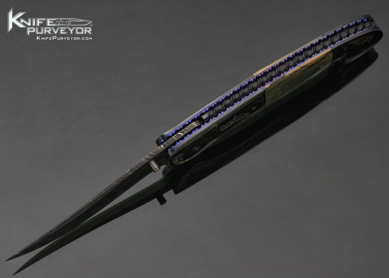 Jim Minnick Custom Knife Damascus and Mammoth Linerlock Engraved by Joyce Minnick - Image 6