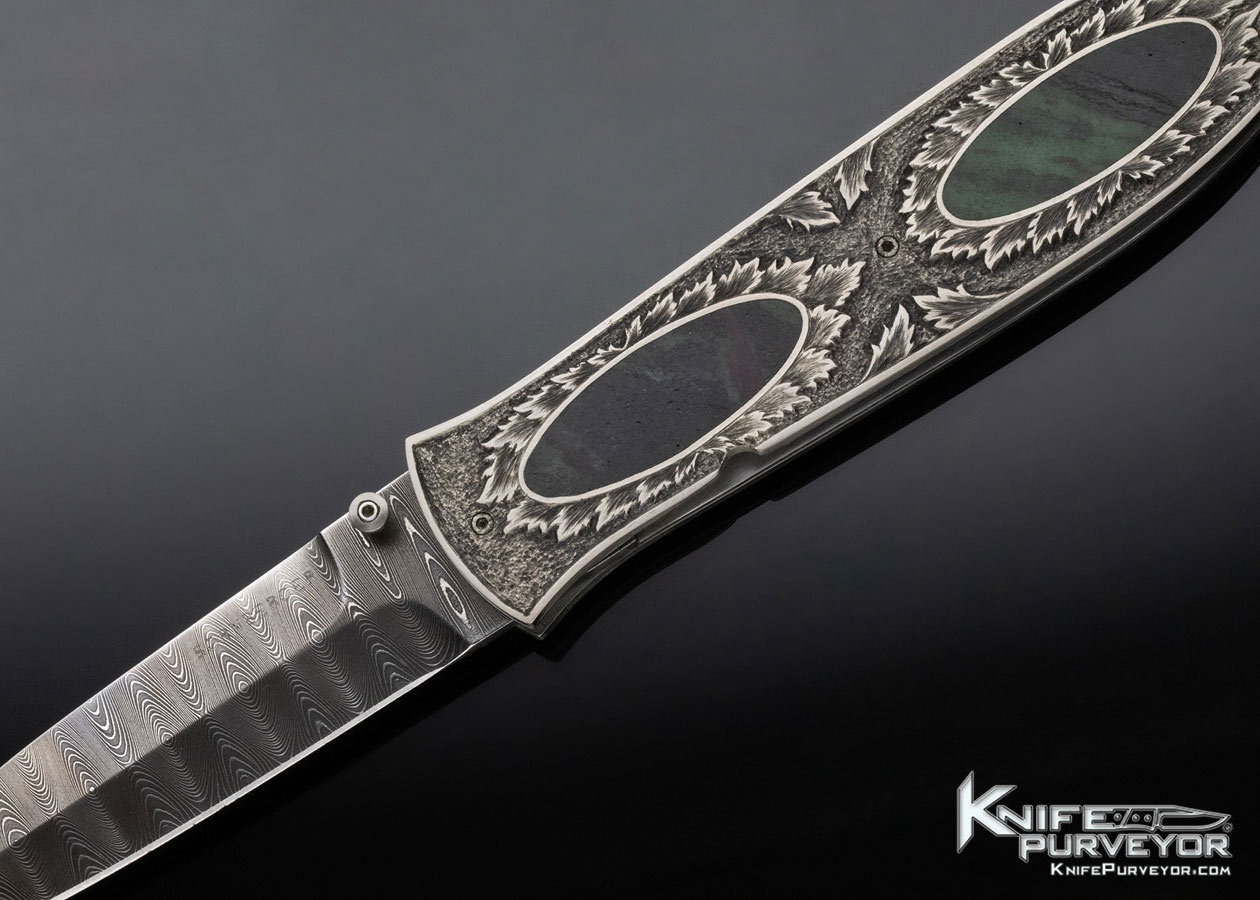Jim Sorenberger Custom Knife Sole Authorship Engraved Green Chrysocolla Interframe Damascus Linerlock - Image 2