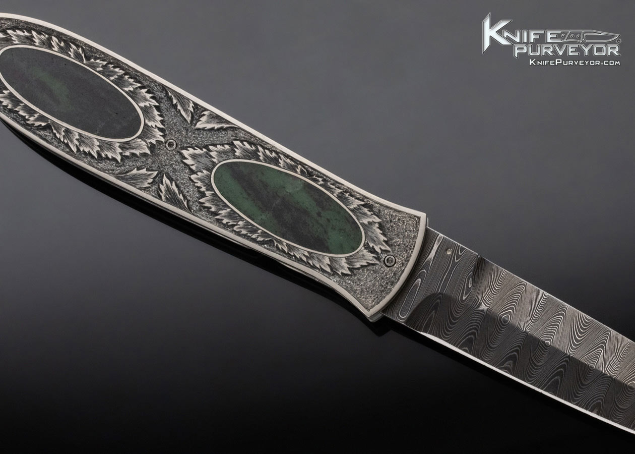 Jim Sorenberger Custom Knife Sole Authorship Engraved Green Chrysocolla Interframe Damascus Linerlock - Image 4