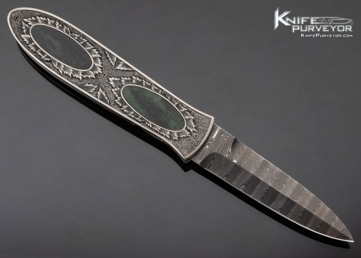 Jim Sorenberger Custom Knife Sole Authorship Engraved Green Chrysocolla Interframe Damascus Linerlock - Image 3