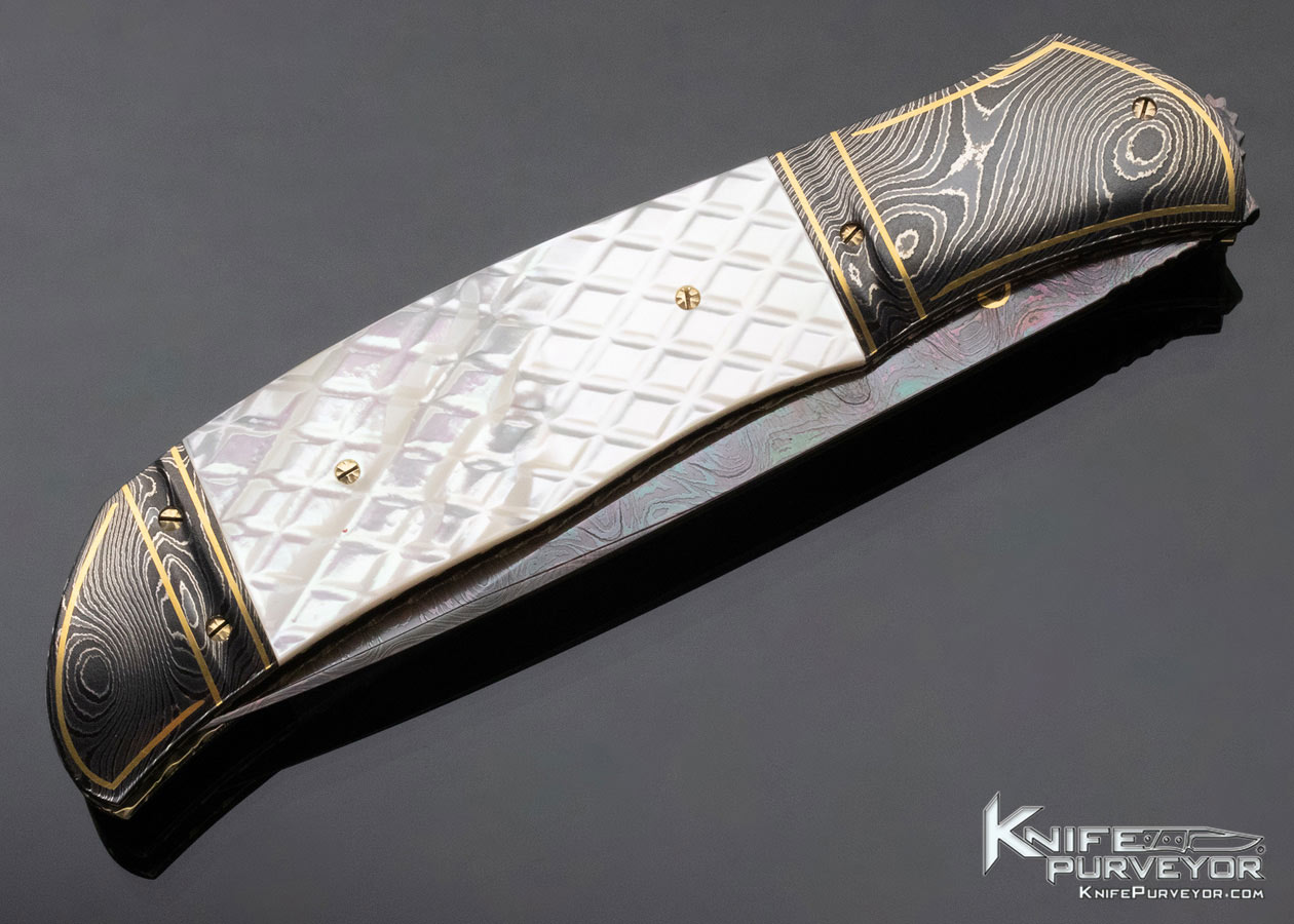 John W. Smith Custom Knife Checkered Mother of Pearl and Blued Sole Authorship Damascus Front Flipper Linerlock - Image 5