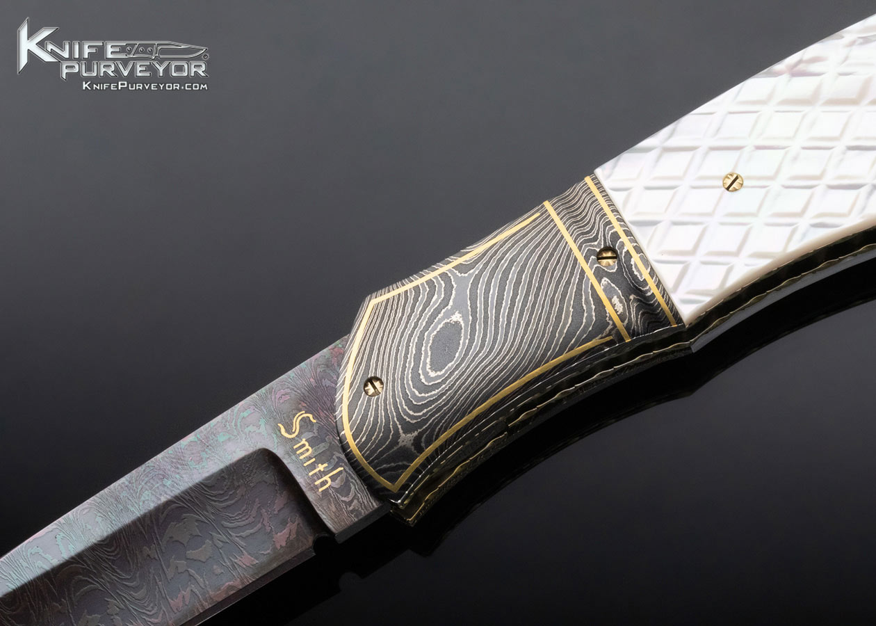 John W. Smith Custom Knife Checkered Mother of Pearl and Blued Sole Authorship Damascus Front Flipper Linerlock - Image 2