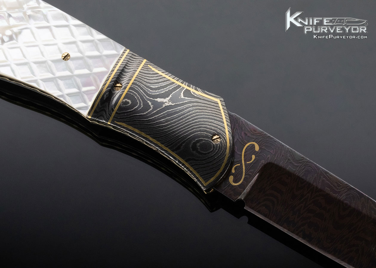 John W. Smith Custom Knife Checkered Mother of Pearl and Blued Sole Authorship Damascus Front Flipper Linerlock - Image 4