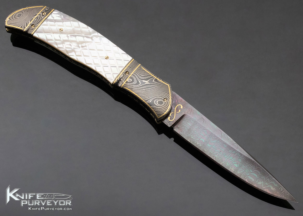 John W. Smith Custom Knife Checkered Mother of Pearl and Blued Sole Authorship Damascus Front Flipper Linerlock - Image 3
