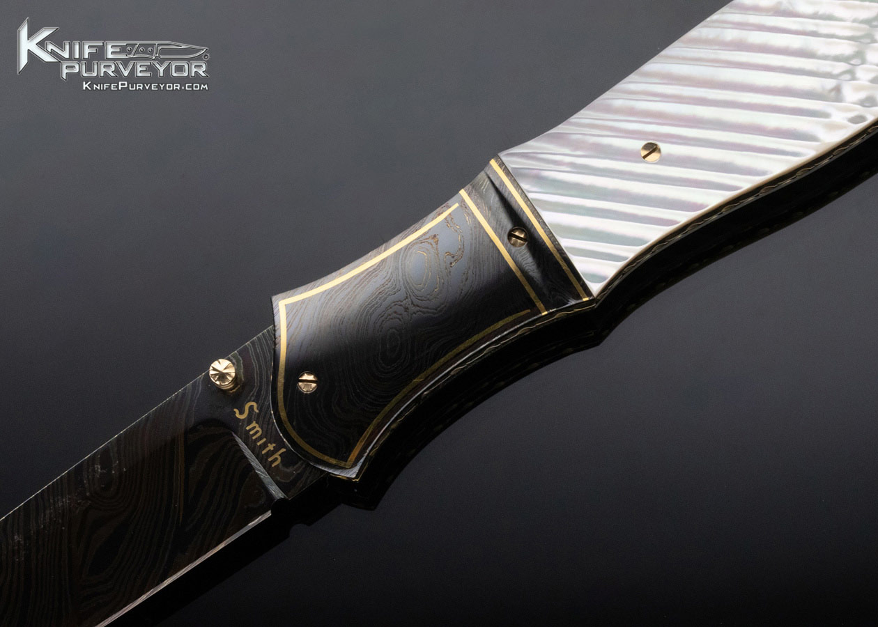 John W. Smith Custom Knife Mother of Pearl & Blued Damascus Linerlock with Gold Inlays - Image 2