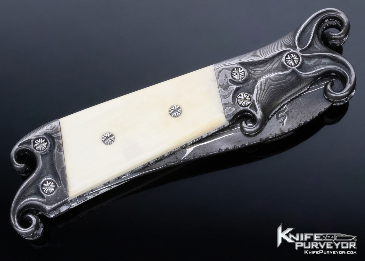 Joseph Szilaski Custom Knife Carved Damascus and Mammoth Linerlock Folder - Image 5