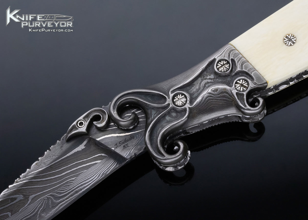 Joseph Szilaski Custom Knife Carved Damascus and Mammoth Linerlock Folder - Image 2