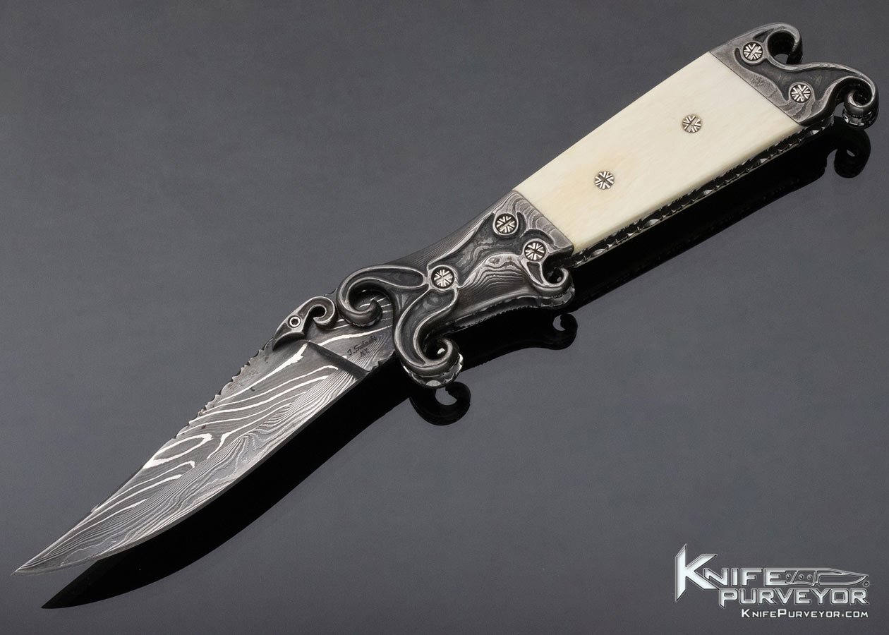 Joseph Szilaski Custom Knife Carved Damascus and Mammoth Linerlock Folder 12301