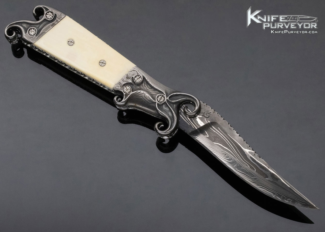 Joseph Szilaski Custom Knife Carved Damascus and Mammoth Linerlock Folder - Image 3