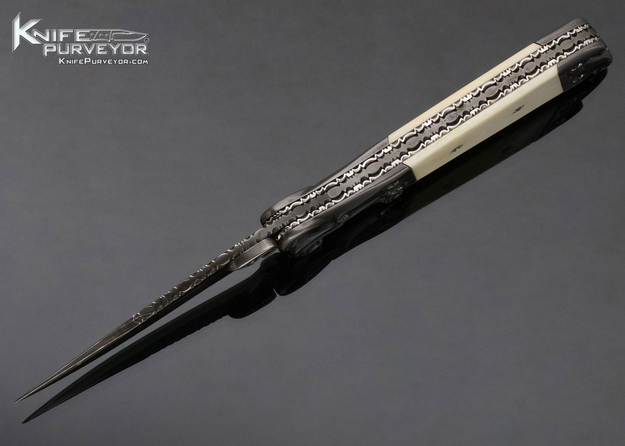 Joseph Szilaski Custom Knife Carved Damascus and Mammoth Linerlock Folder - Image 6