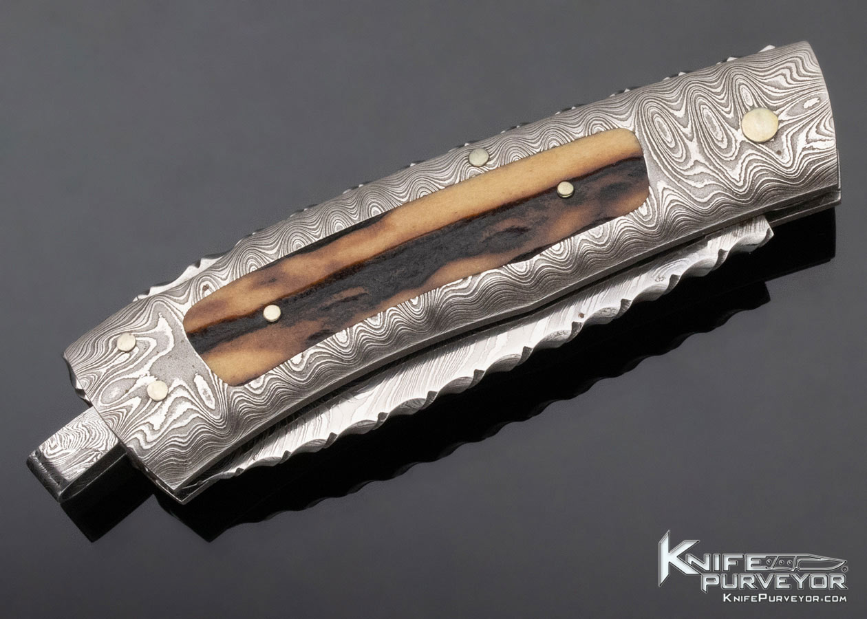 Kay Embretsen Custom Knife Sole Authorship Explosion Damascus and Stag Interframe Lockback - Image 5