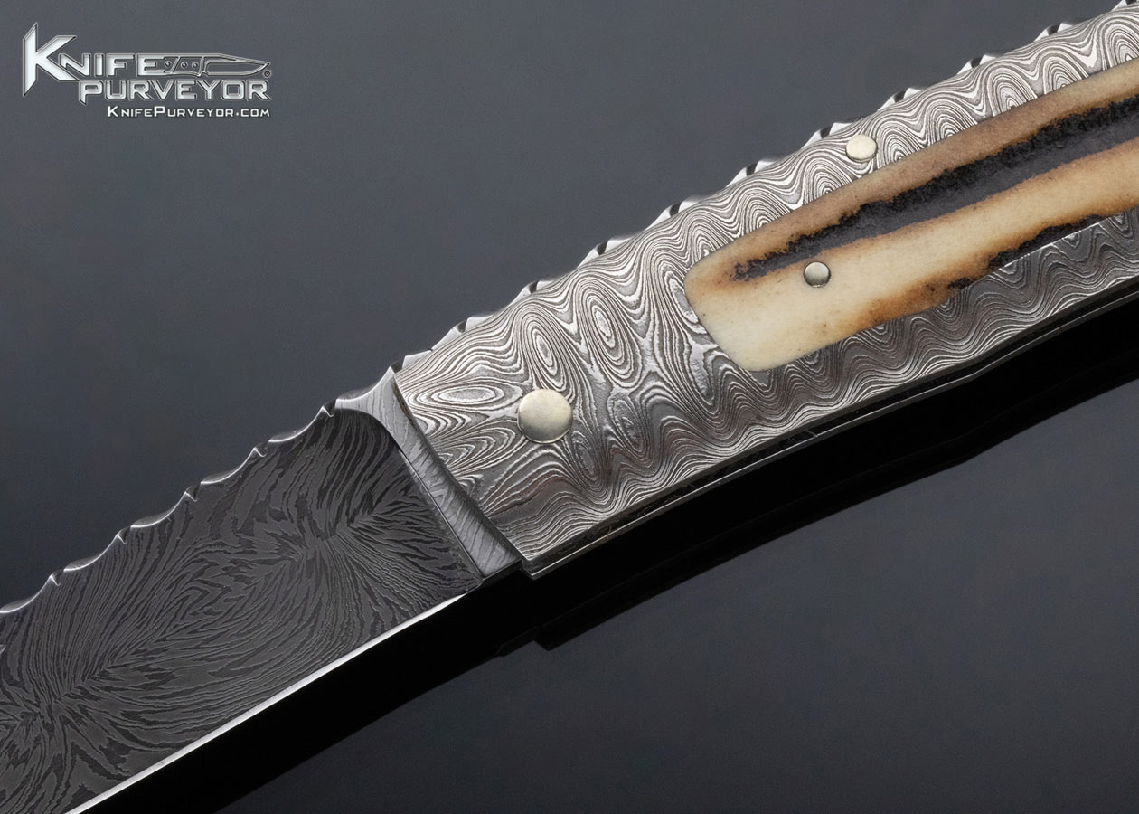 Kay Embretsen Custom Knife Sole Authorship Explosion Damascus and Stag Interframe Lockback - Image 2