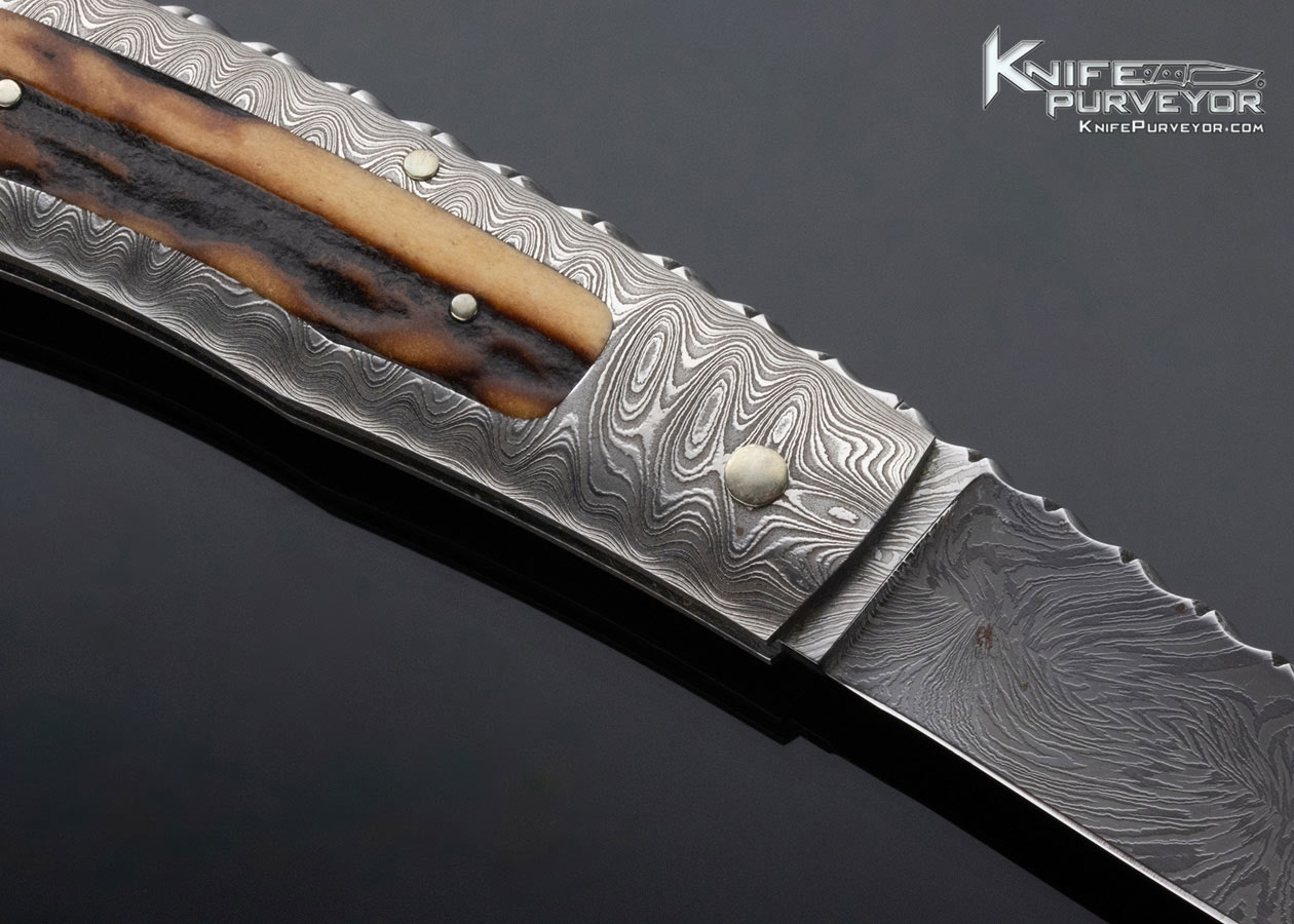Kay Embretsen Custom Knife Sole Authorship Explosion Damascus and Stag Interframe Lockback - Image 4