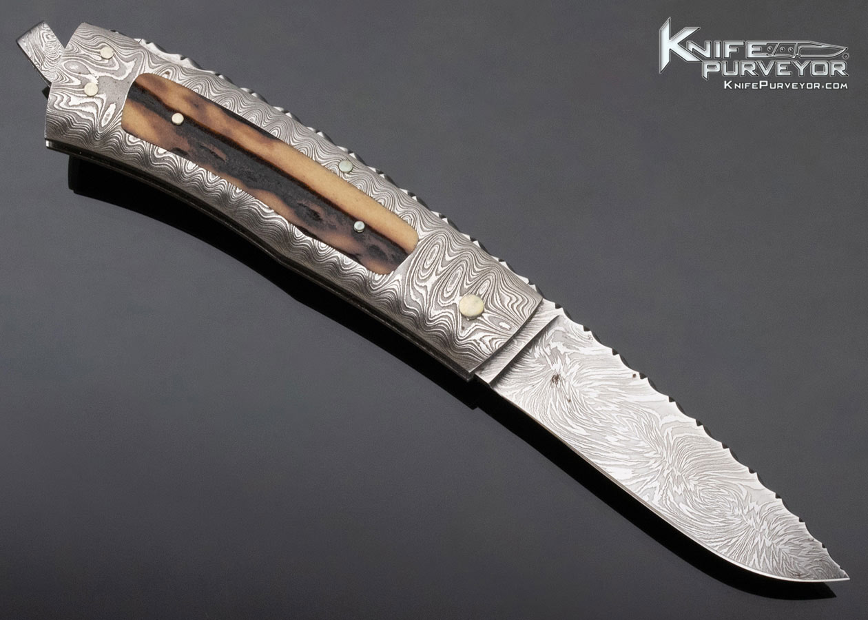 Kay Embretsen Custom Knife Sole Authorship Explosion Damascus and Stag Interframe Lockback - Image 3