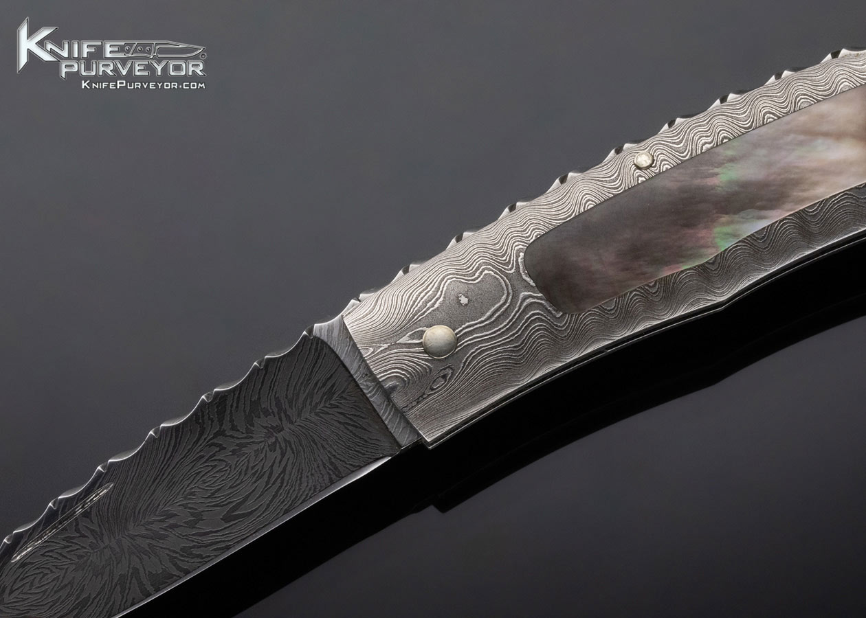 Kay Embretsen Custom Knife Sole Authorship Damascus and Black Lip Pearl Interframe Lockback - Image 2