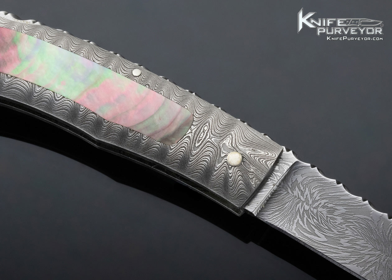 Kay Embretsen Custom Knife Sole Authorship Damascus and Black Lip Pearl Interframe Lockback - Image 4