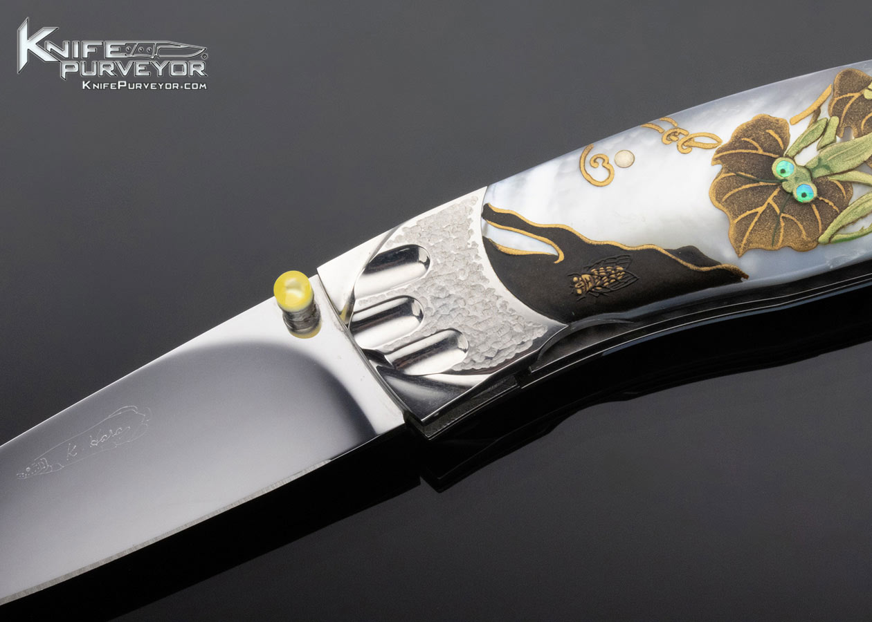 Koji Hara Custom Knife Mother of Pearl with Maki-e "Praying Mantis" Linerlock - Image 3
