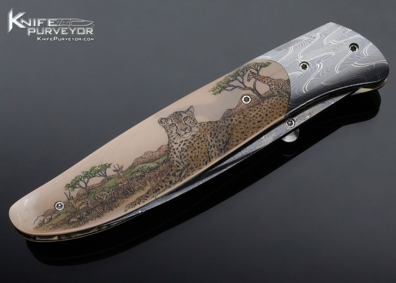 Lloyd McConnell Custom Knife Linda Karst Stone Scrimshawed Mammoth and Damascus Linerlock - Image 5