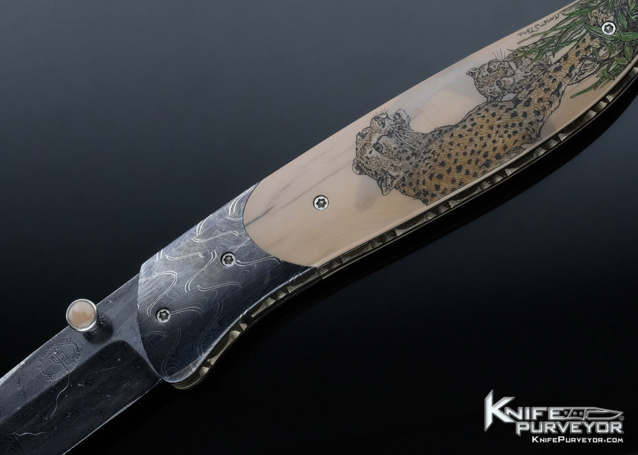Lloyd McConnell Custom Knife Linda Karst Stone Scrimshawed Mammoth and Damascus Linerlock - Image 2