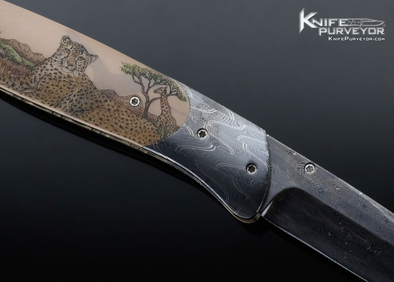 Lloyd McConnell Custom Knife Linda Karst Stone Scrimshawed Mammoth and Damascus Linerlock - Image 4