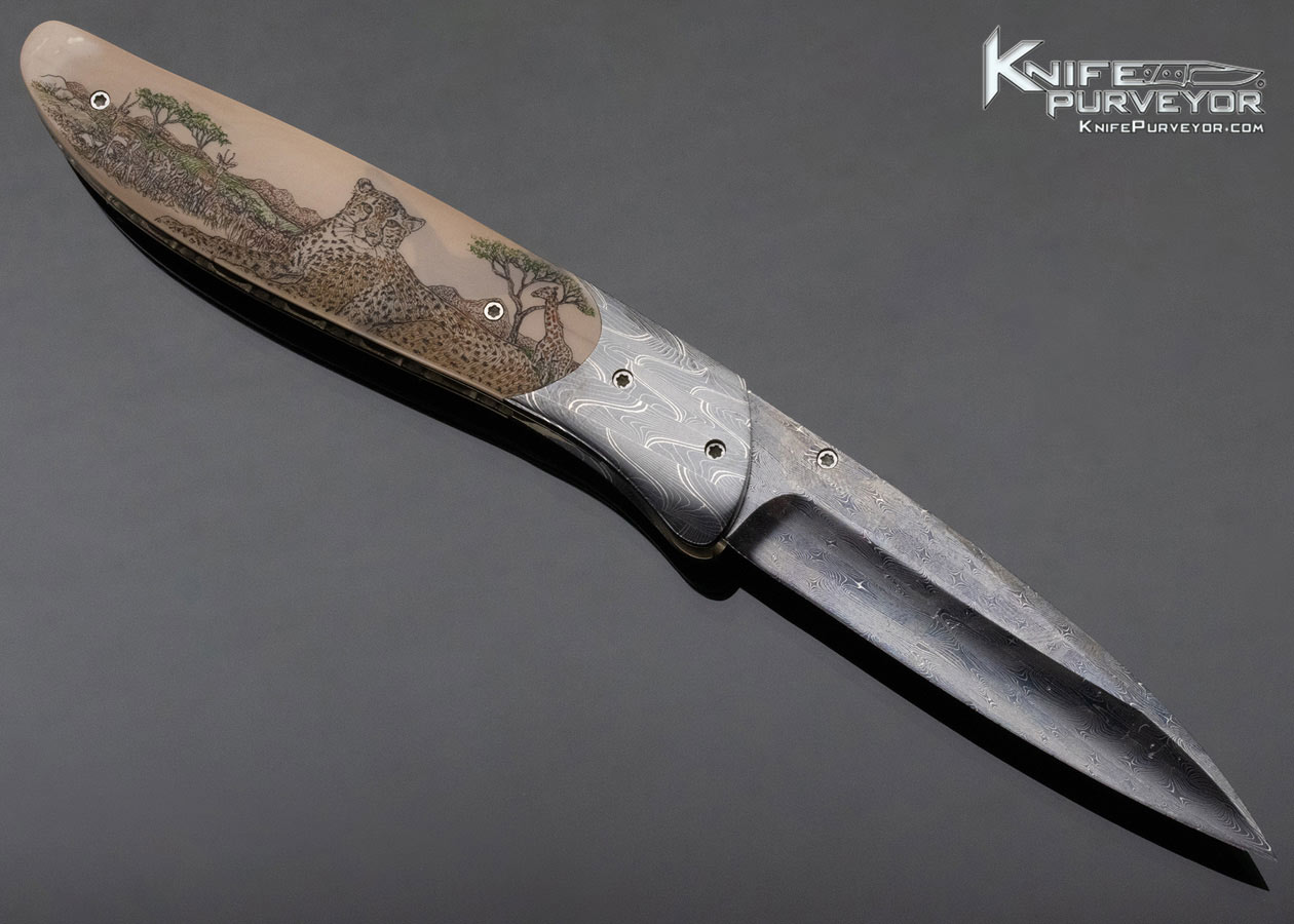 Lloyd McConnell Custom Knife Linda Karst Stone Scrimshawed Mammoth and Damascus Linerlock - Image 3