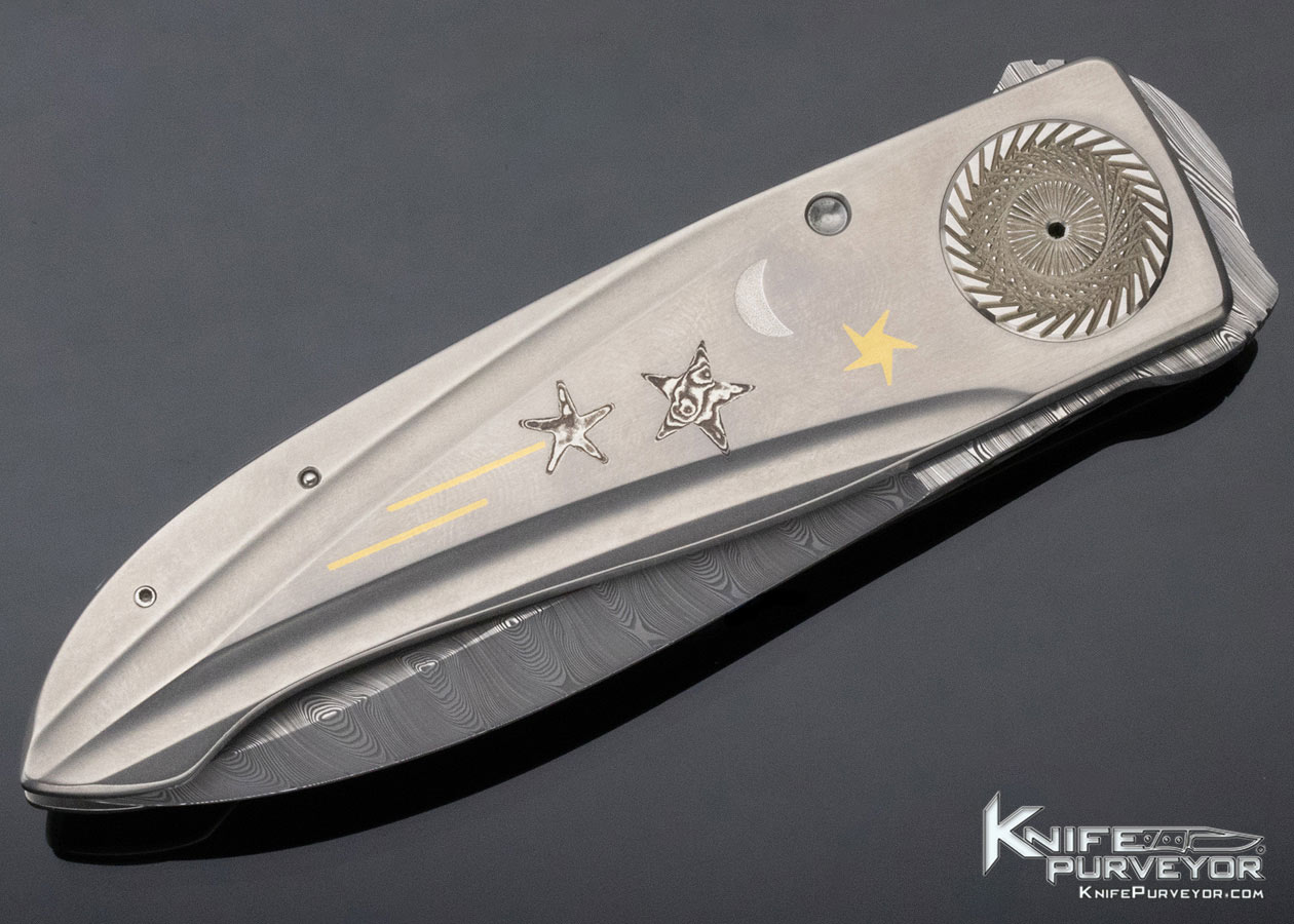 Michael Walker Custom Knife Damasteel Damascus Titanium with Gold and Mokume Button Lock - Image 5