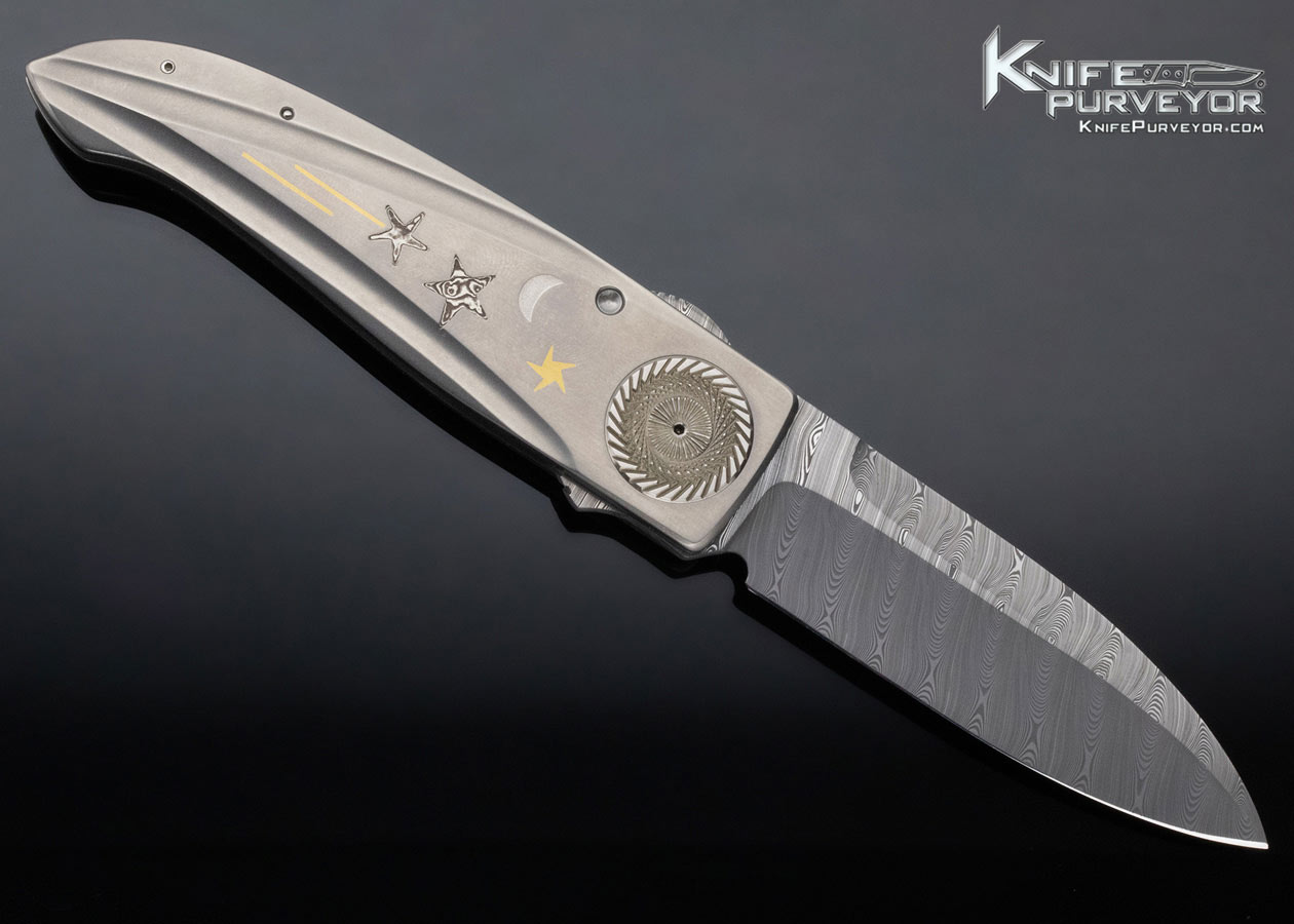 Michael Walker Custom Knife Damasteel Damascus Titanium with Gold and Mokume Button Lock - Image 3