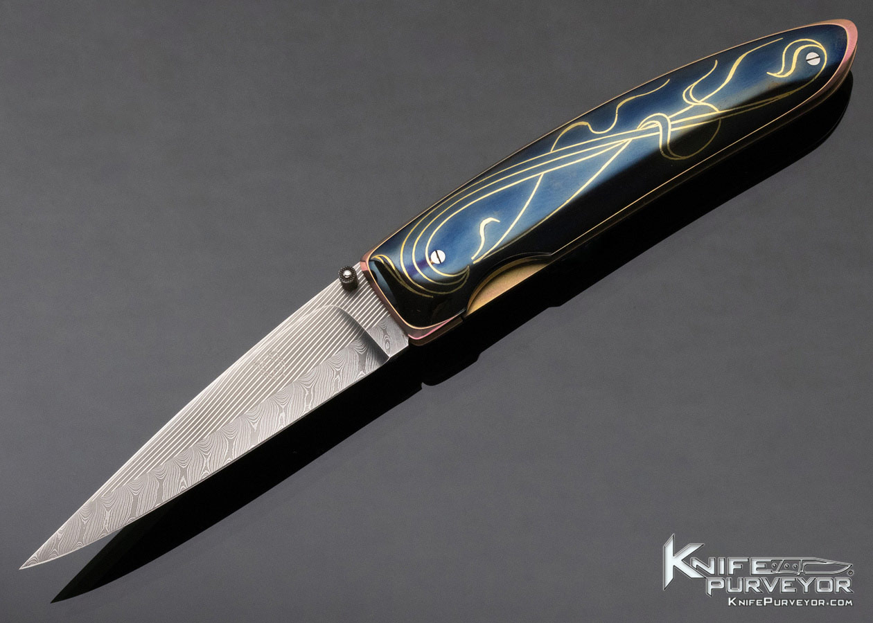 Owen Wood Gold Inlaid Titanium and Damascus Linerlock 11984