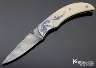 Peter Wile Custom Knife Damascus Linerlock Engraved and Scrimshawed by Donald Bell 16599