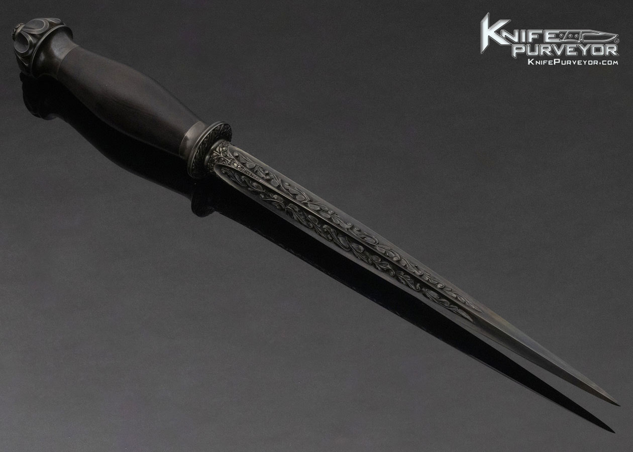 Robert Weinstock Custom Knife Deep Relief Engraved Blued Steel and Ebony Rondel Dagger - Image 2