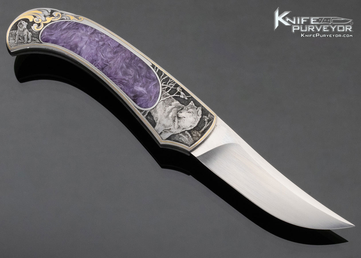 Steve Hoel Custom Knife Charoite Interframe Lockback Engraved by Martin Rabeno - Image 4