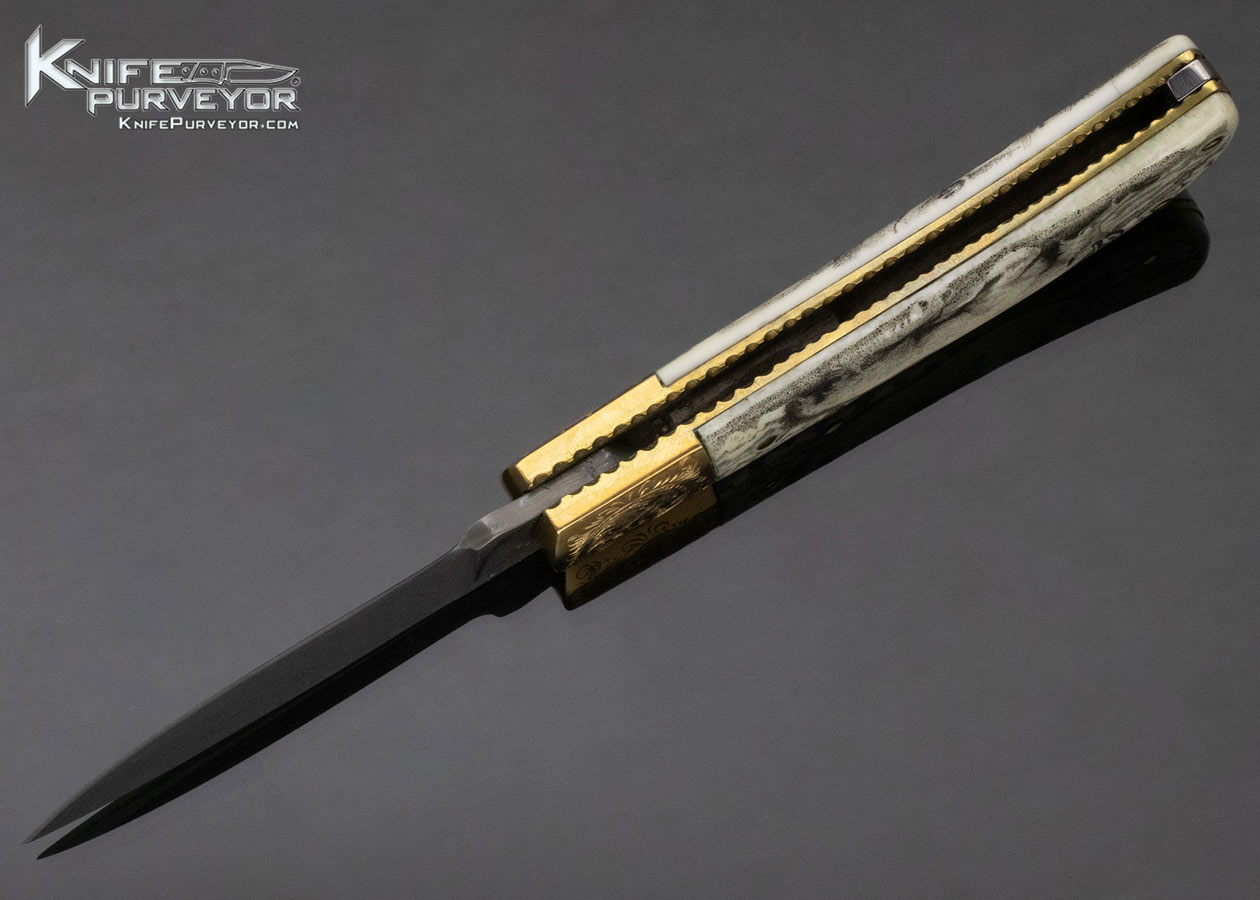 G. Little Custom Knife Damascus Engraved Brass Bolster Scrimshawed Fossilized Walrus Lockback - Image 7