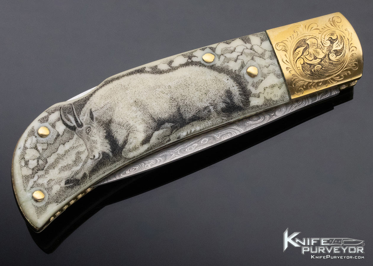 G. Little Custom Knife Damascus Engraved Brass Bolster Scrimshawed Fossilized Walrus Lockback - Image 5