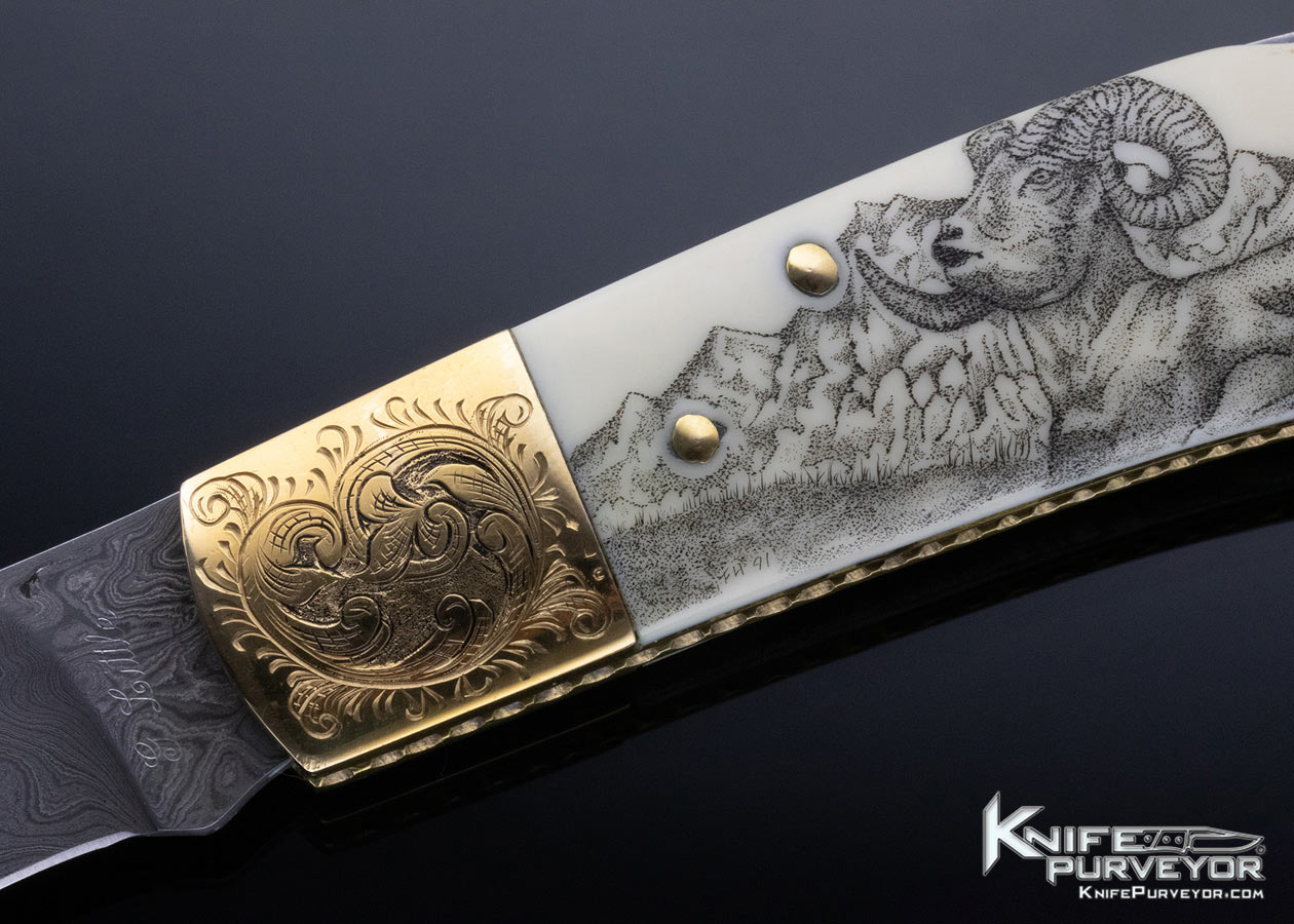 G. Little Custom Knife Damascus Engraved Brass Bolster Scrimshawed Fossilized Walrus Lockback - Image 2
